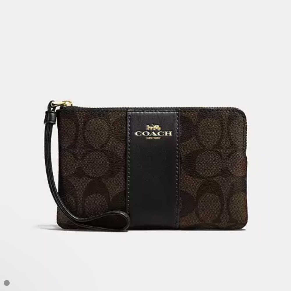 COACH NWT Corner Zip Wristlet In Signature Canvas in Gold/Brown Black Wristlet